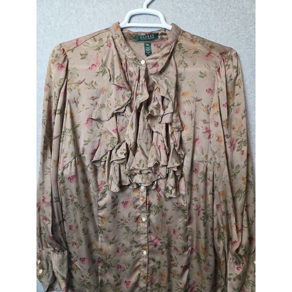 Lauren Ralph Lauren 100% Silk Brown Floral LS Ruffle Jabot Blouse Women Plus 18W - Picture 2 of 11